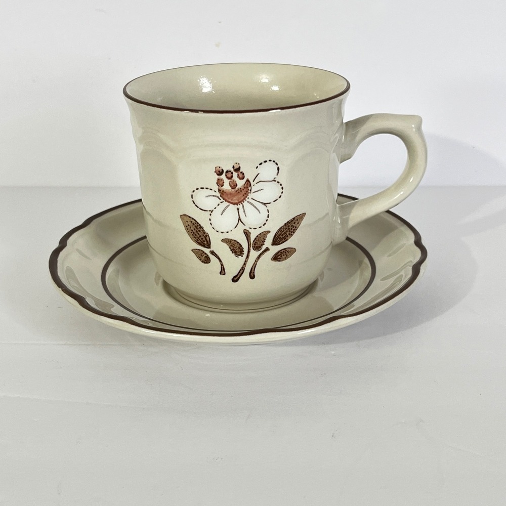 Cumberland Mayblossom Stoneware Cup Saucer Set 2pc‎ Cream Brown Floral Japan